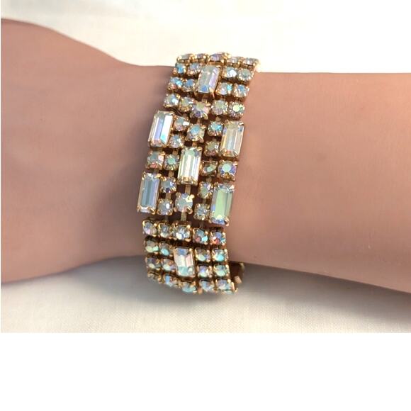 Vintage 1960s Unsigned Aurora Borealis Crystal Gold Tone Wide Bracelet W/ Safety - Picture 8 of 16